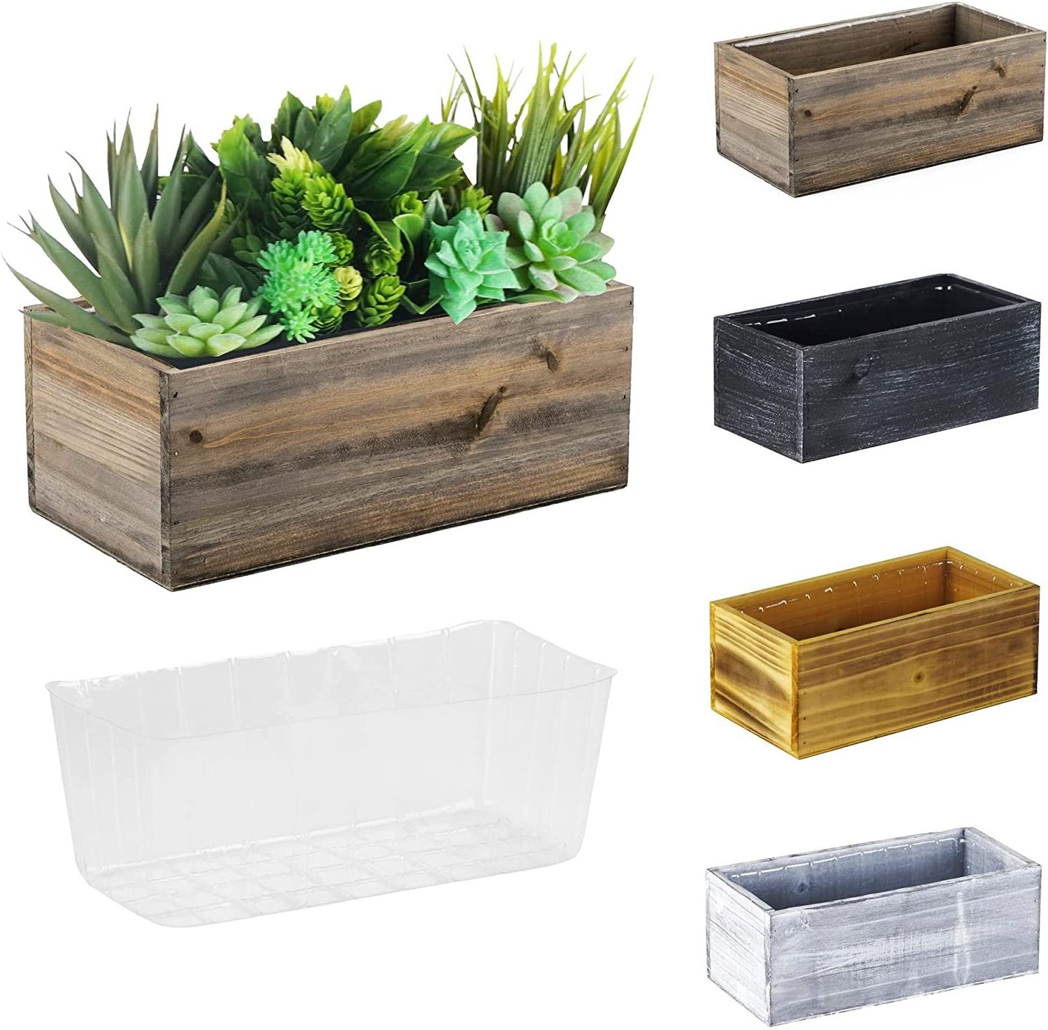 Natural Brown Wood Rectangular Planter Box with Removable Plastic Lining Rustic Wooden Planter | Interior Decoration Box