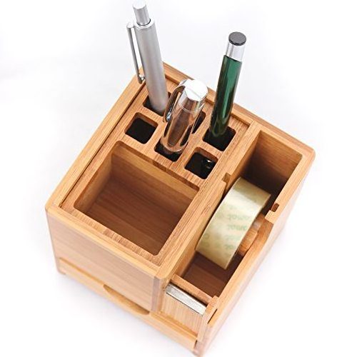 Bamboo Desk Square Pen Pencil Holder Stand Office Organizer Desk Top Organizer with Adhesive Tape Dispenser