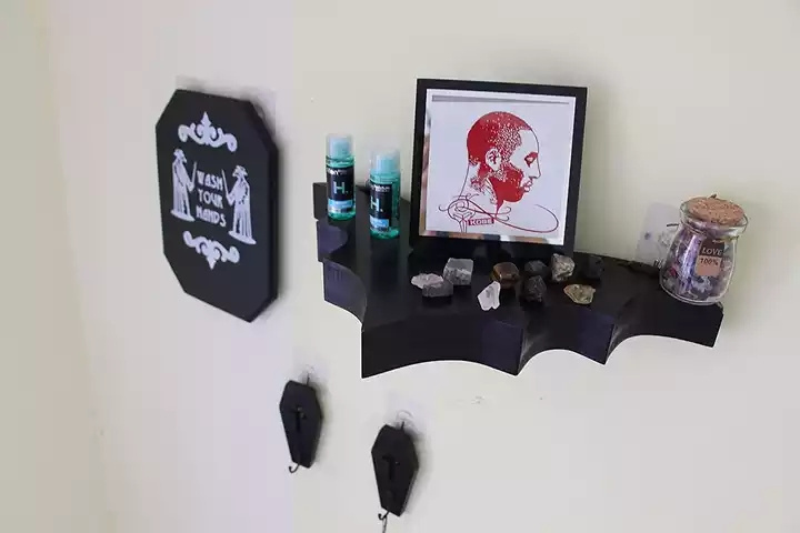 Halloween  Black Wooden Gothic Bat Floating Shelf Horror Decor For Goth Room Wall Oddities Decor