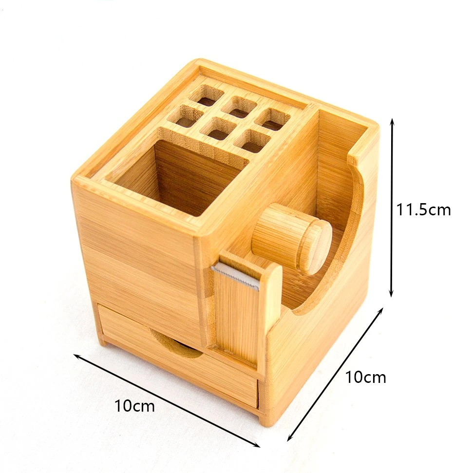 Bamboo Desk Square Pen Pencil Holder Stand Office Organizer Desk Top Organizer with Adhesive Tape Dispenser