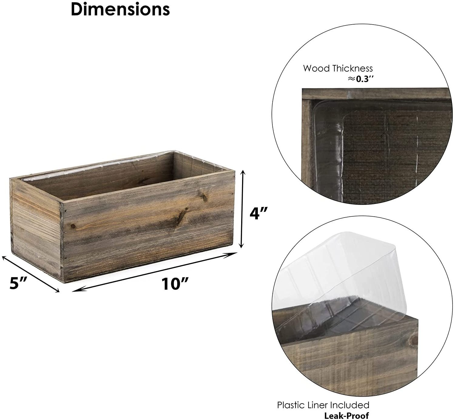 Natural Brown Wood Rectangular Planter Box with Removable Plastic Lining Rustic Wooden Planter | Interior Decoration Box