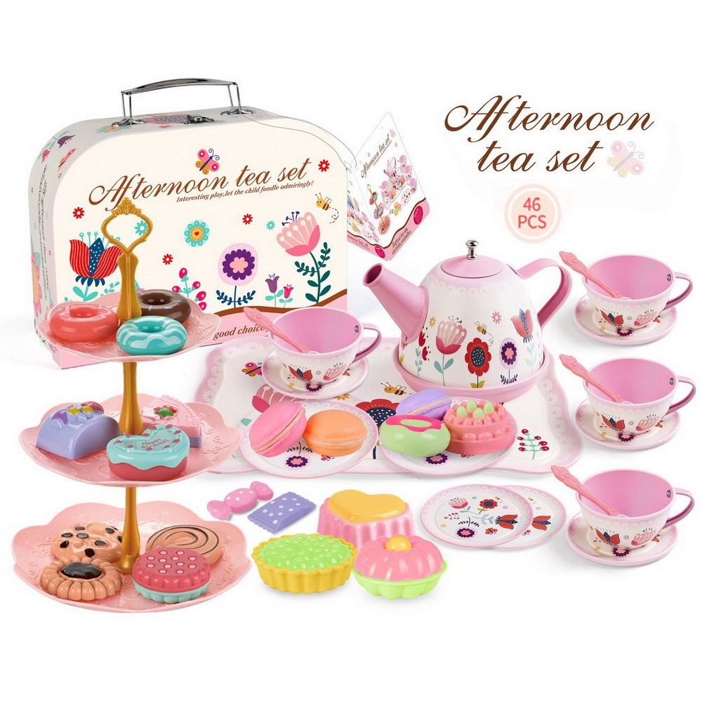 children tinplate afternoon tea break tea set princess role girls play house kitchen toys 46pcs