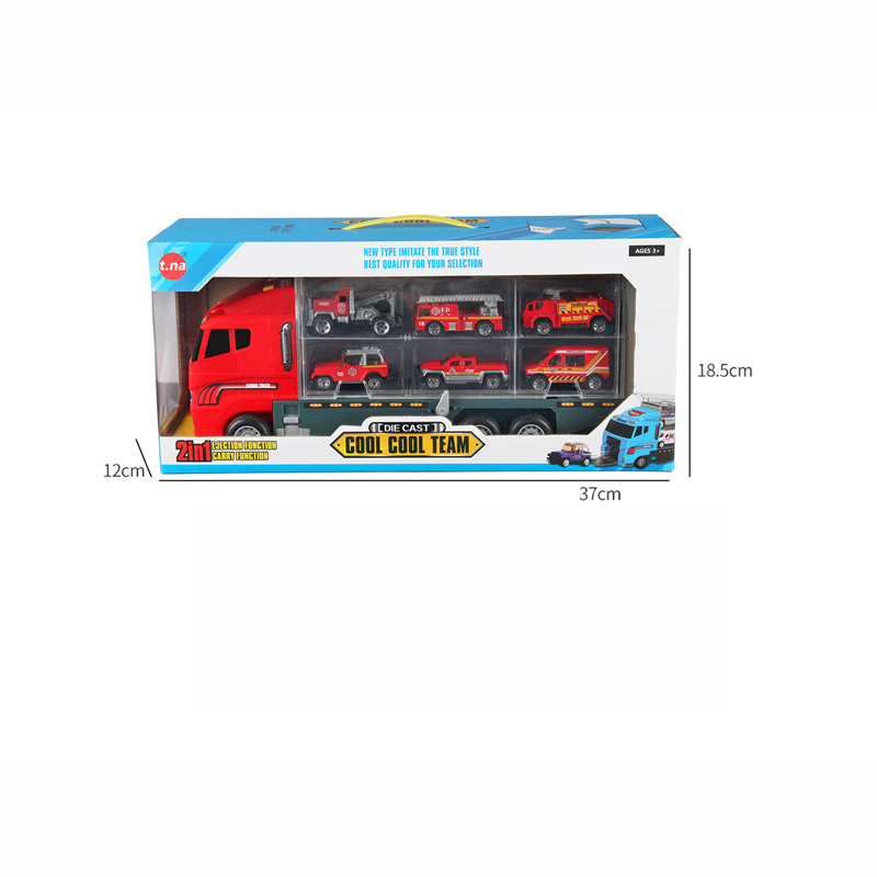 Big Transport Vehicle with Mini Die-cast Fire Engine Car in Carrier Truck toys for Kid