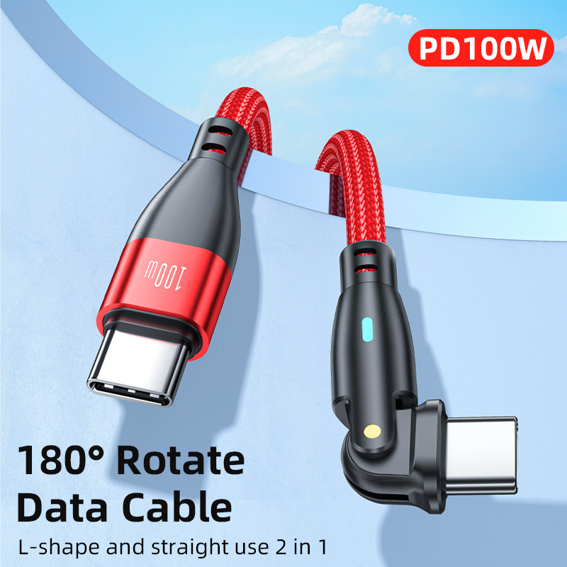 Hot Sale 1M 2M Usb Type C to C Cable 5A Quick Charge 3.0 100W Data Transfer Cable 180 Right Angle Usb-c Cable With Led Light