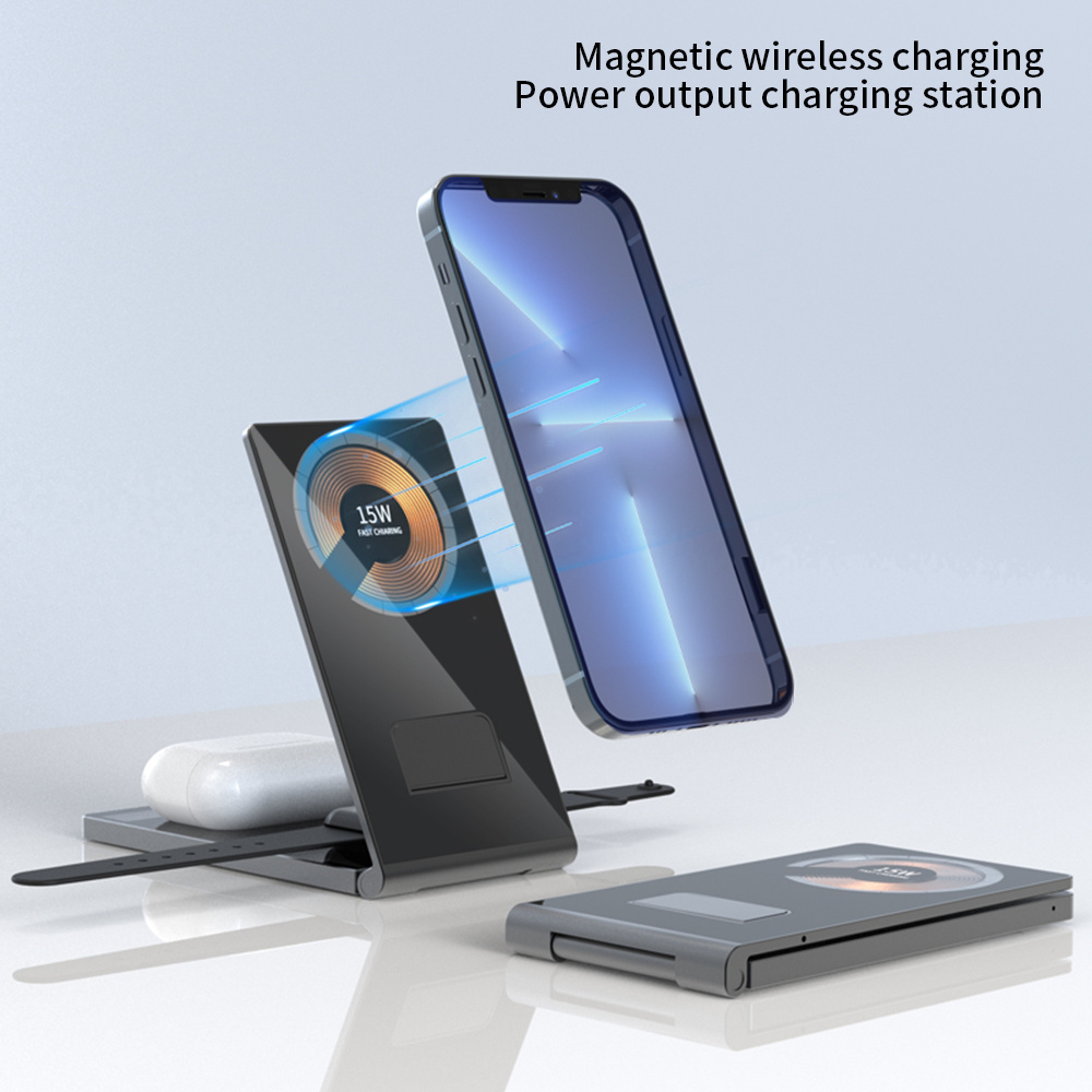 Custom Logo Dual 15W Folding Wireless Chargers Foldable Desk Fast Multifunction Smart Phone Magnetic 3 in 1 Wireless Charger