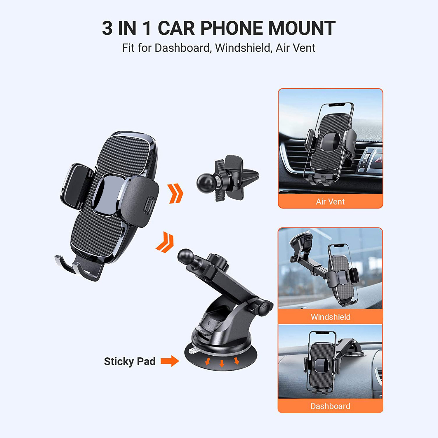 3-in-1 Suction Cup Phone Holder Windshield Dashboard Air Vent Dashboard Windshield Suction Cup Car Phone Mount