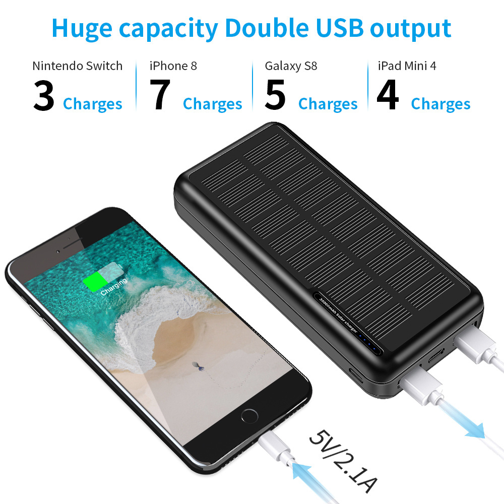 30000mah Rechargeable Battery Dual USB Portable Solor Power Bank Solar Charger High Capacity with Small Size Li-polymer Battery