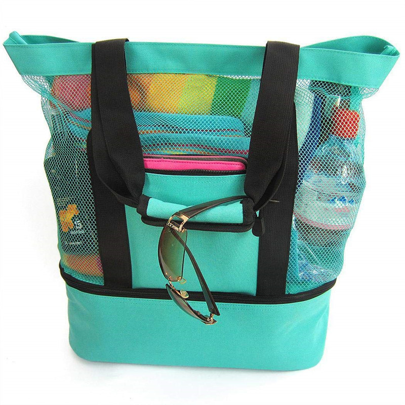 Custom Logo Ladies Picnic Compartment Zipper Closed Outdoor Mesh Beach Lunch Tote Bag With Detachable Cooler Bag