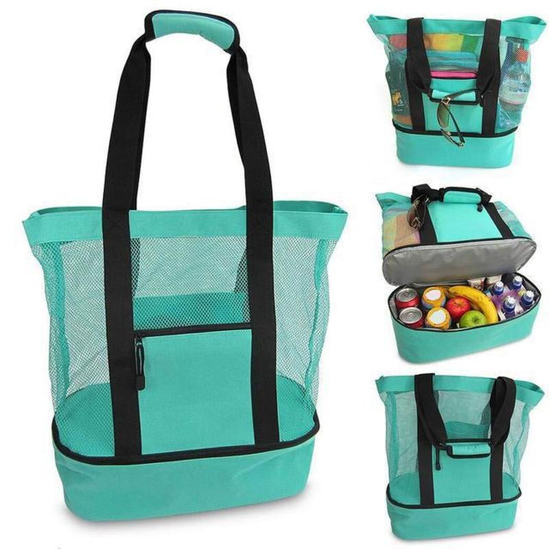 Custom Logo Ladies Picnic Compartment Zipper Closed Outdoor Mesh Beach Lunch Tote Bag With Detachable Cooler Bag