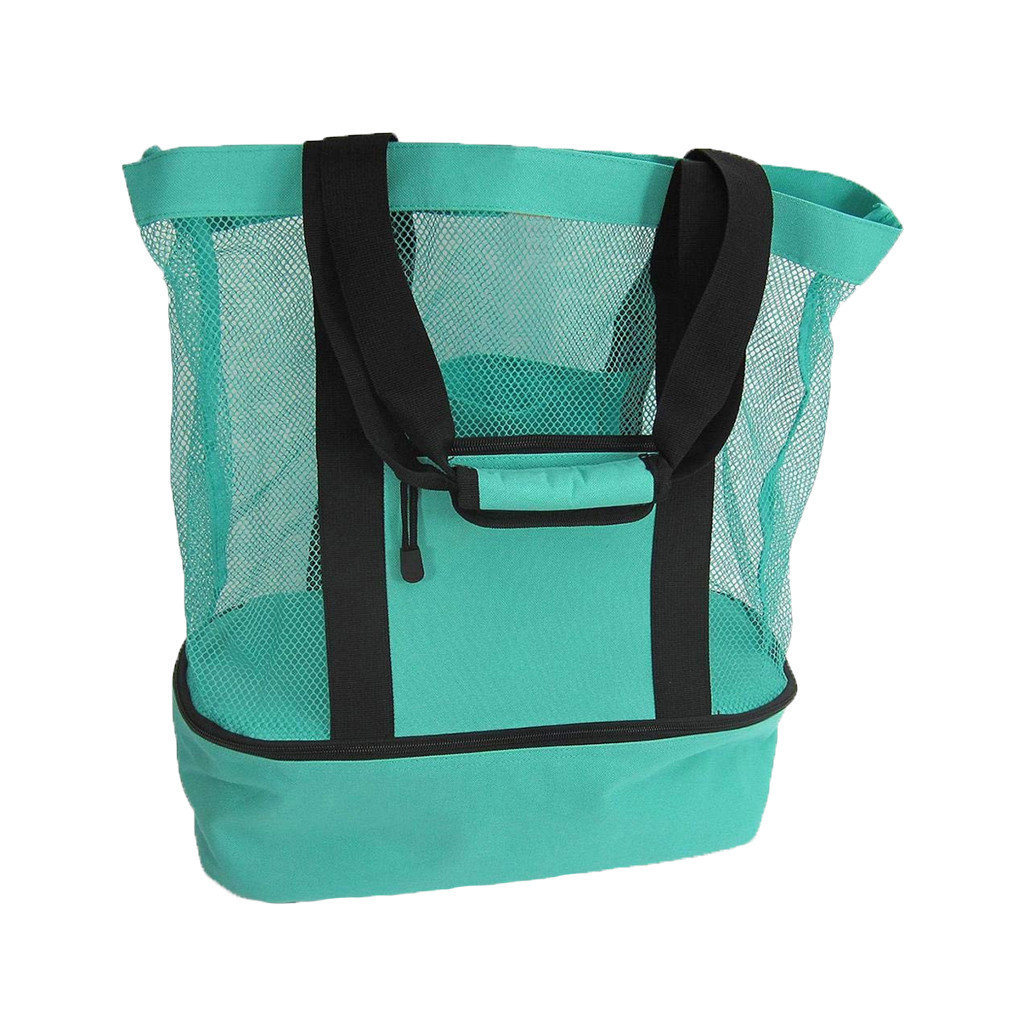 Custom Logo Ladies Picnic Compartment Zipper Closed Outdoor Mesh Beach Lunch Tote Bag With Detachable Cooler Bag