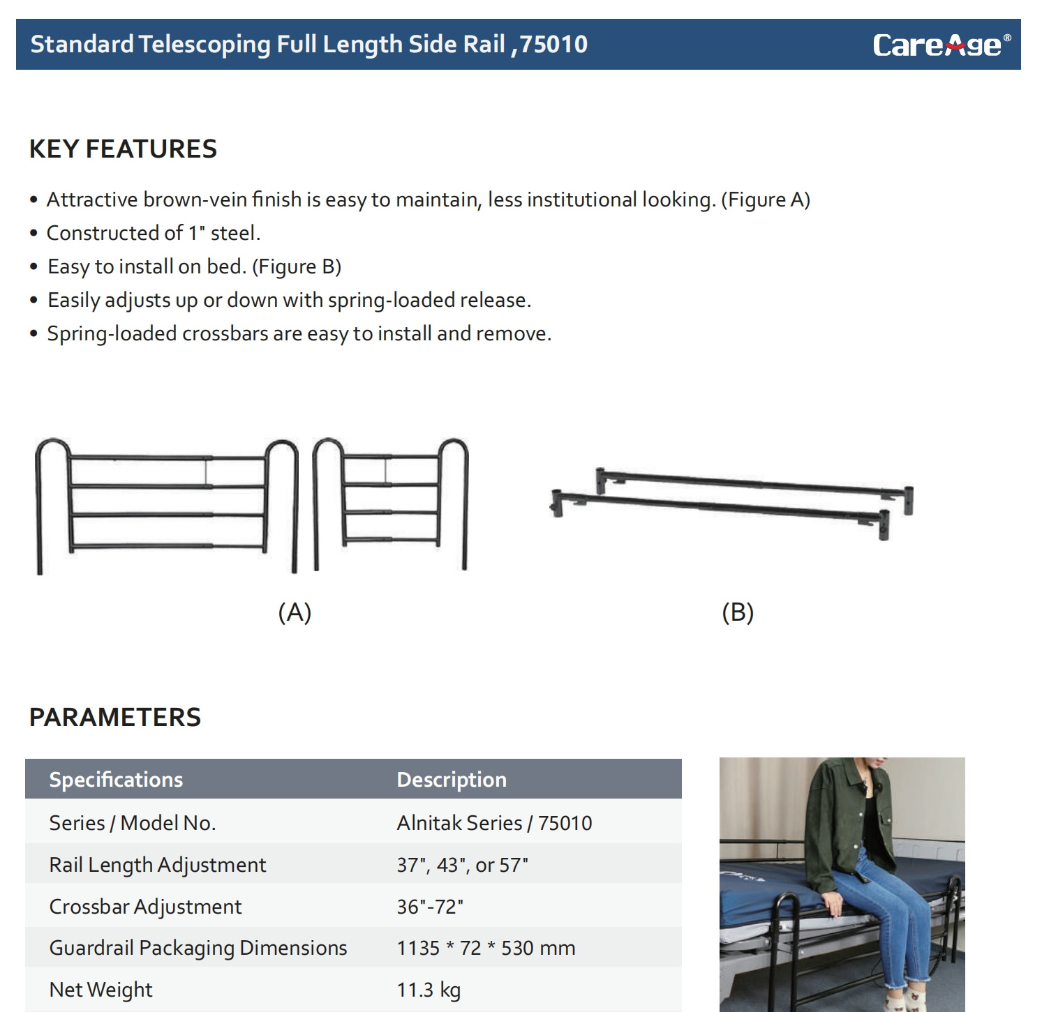 CareAge brand 75010 full length bed side rail for homecare bed using