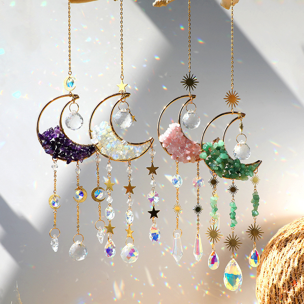 Wholesale dreamcatcher natural rock kristal crystal rainbow sun catcher moon sun catchers amethyst suncatche hanging Prism decor