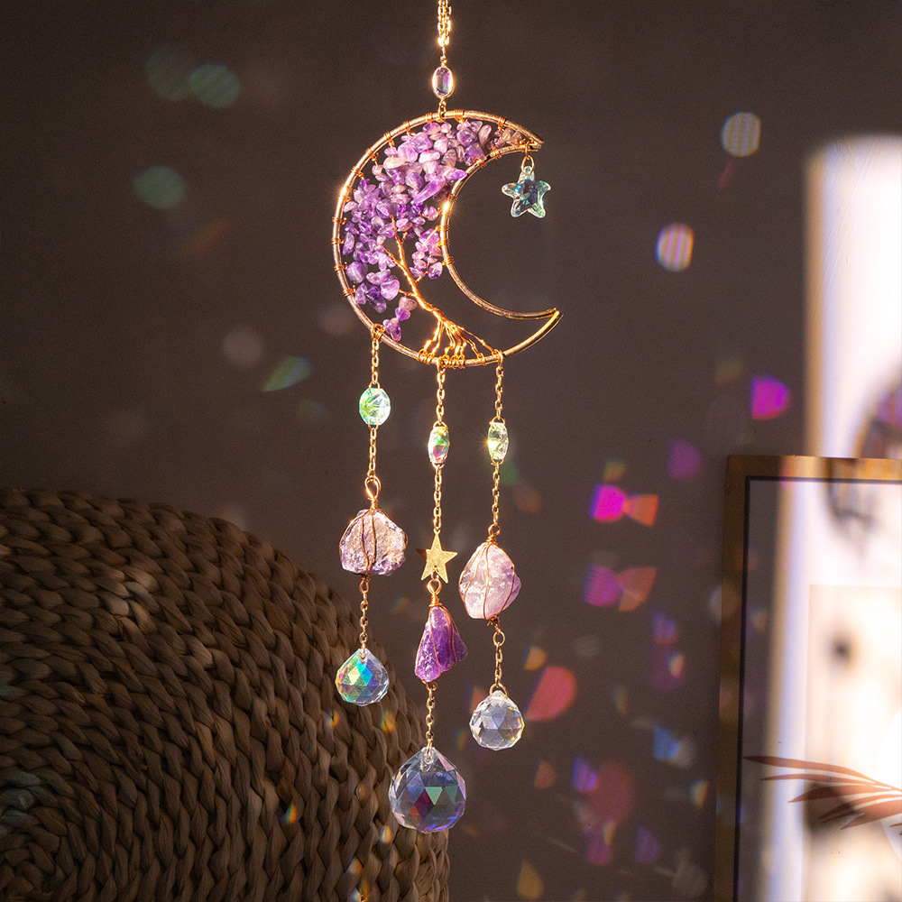 Wholesale dreamcatcher natural rock kristal crystal rainbow sun catcher moon sun catchers amethyst suncatche hanging Prism decor