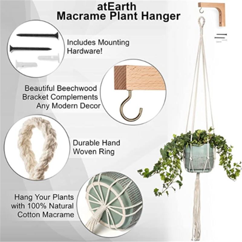 Simple Decorative Wall Hook Wooden bracket Wall Hook Flower Pot Holder Kit Macrame Plant Hanger with Mount