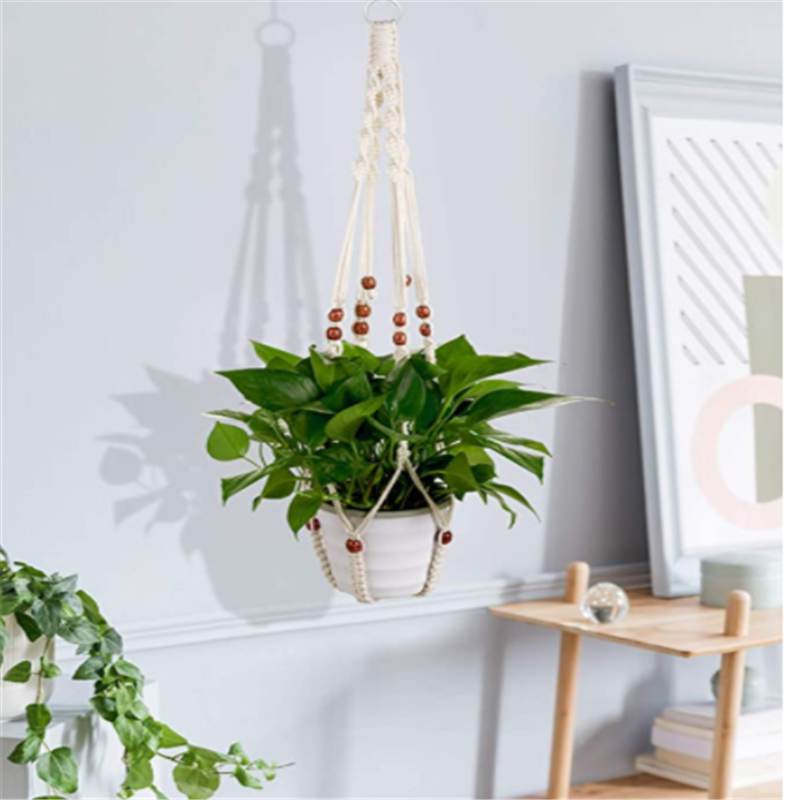 Macrame Plant Hanger Indoor Hanging Planter Basket Decorative Flower Pot Holder with Wood Beads