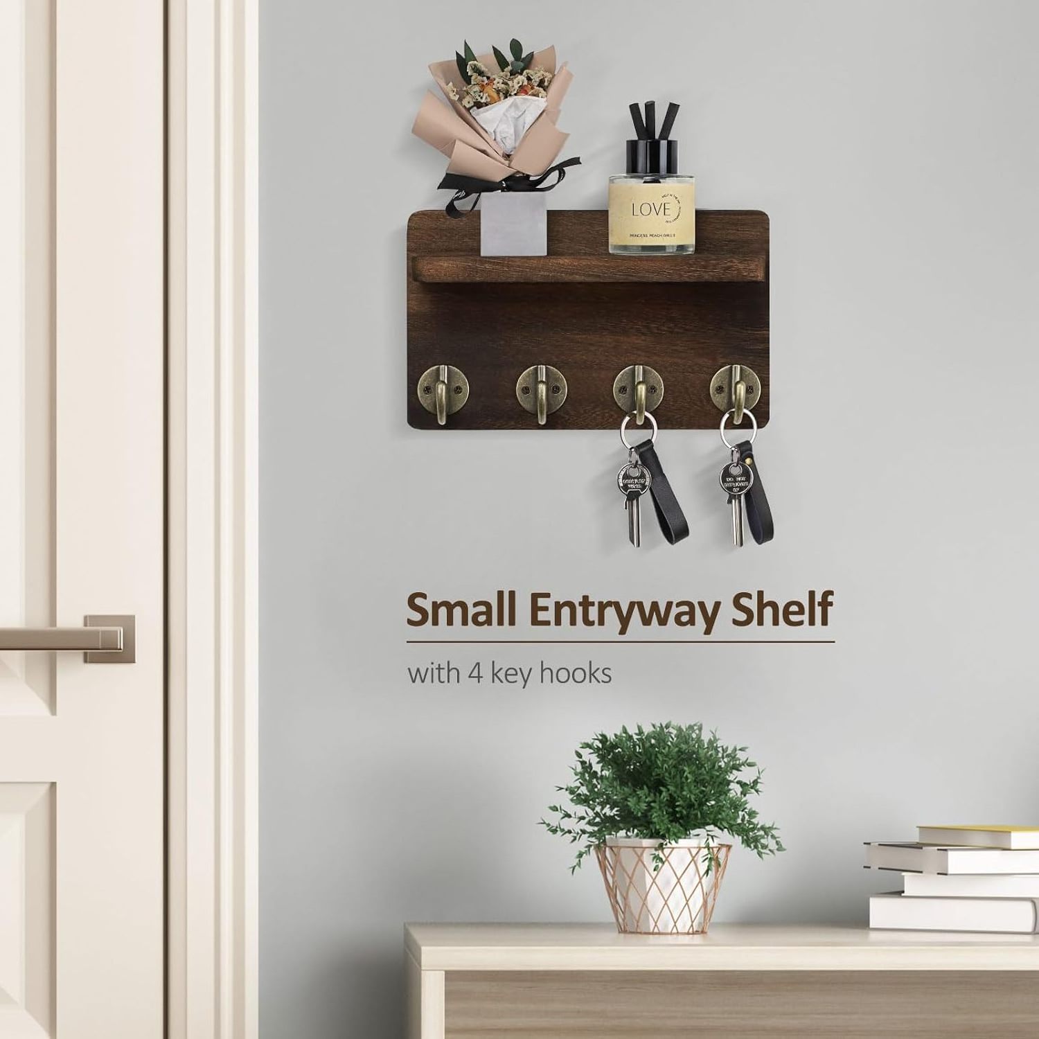 Keychain wall mount, small home decor wooden wall storage rack with 4 hooks and shelves (brown) Wooden Wall Shelf