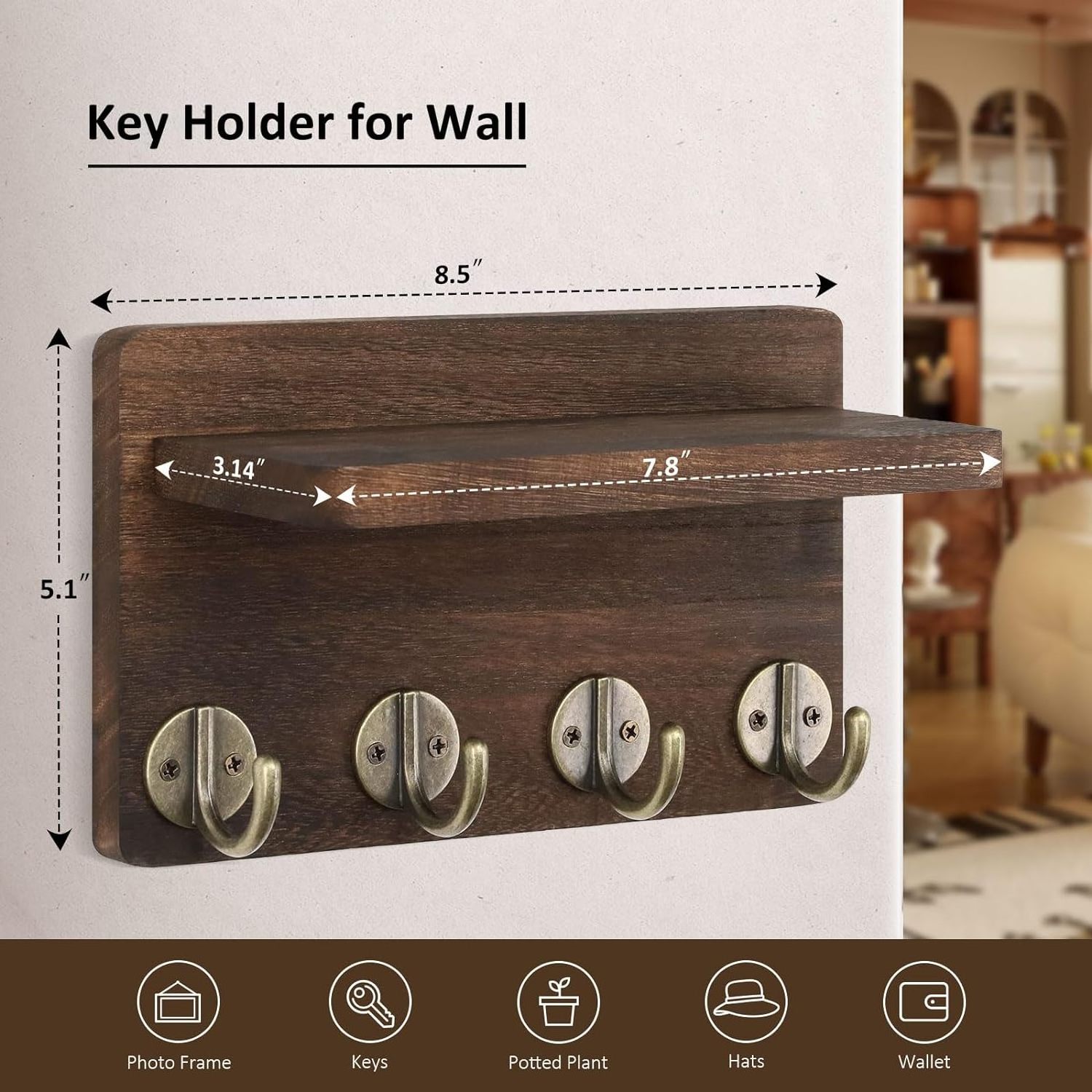 Keychain wall mount, small home decor wooden wall storage rack with 4 hooks and shelves (brown) Wooden Wall Shelf