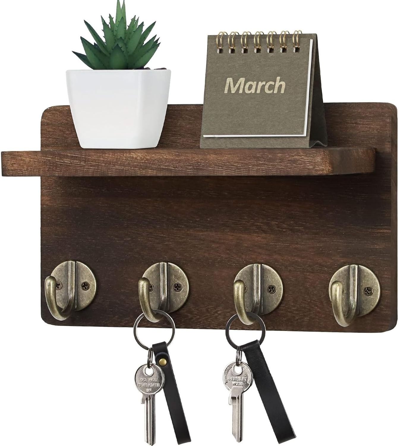 Keychain wall mount, small home decor wooden wall storage rack with 4 hooks and shelves (brown) Wooden Wall Shelf