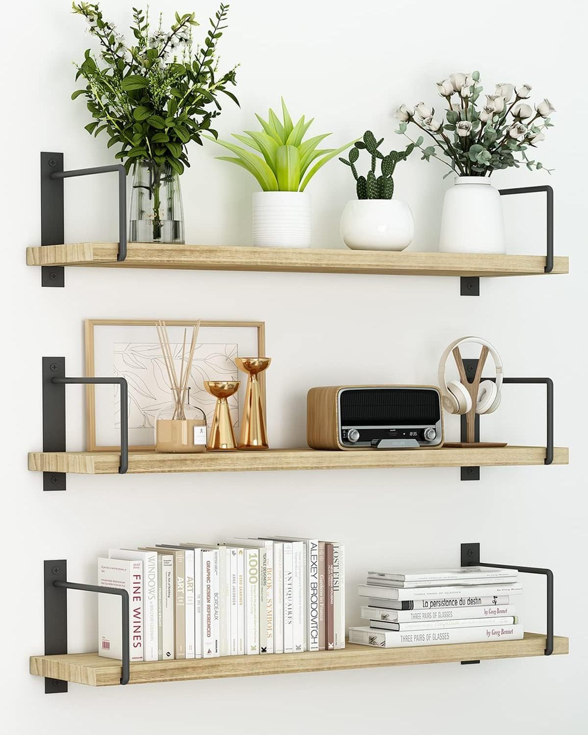 Metope adornment of solid wooden walls with metal stents 24 inches is easy to install wall three times Floating Shelf