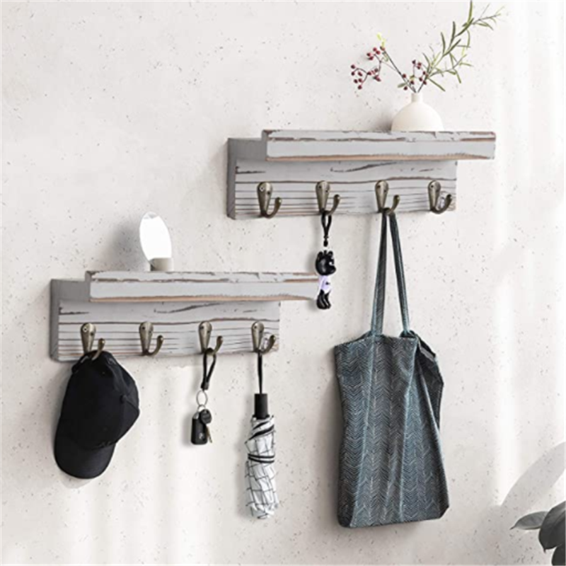 Grey Color Wall Mounted Rustic Wood Entryway Storage Shelf with 4 Metal Hooks Key Holder for Wall with Shelf