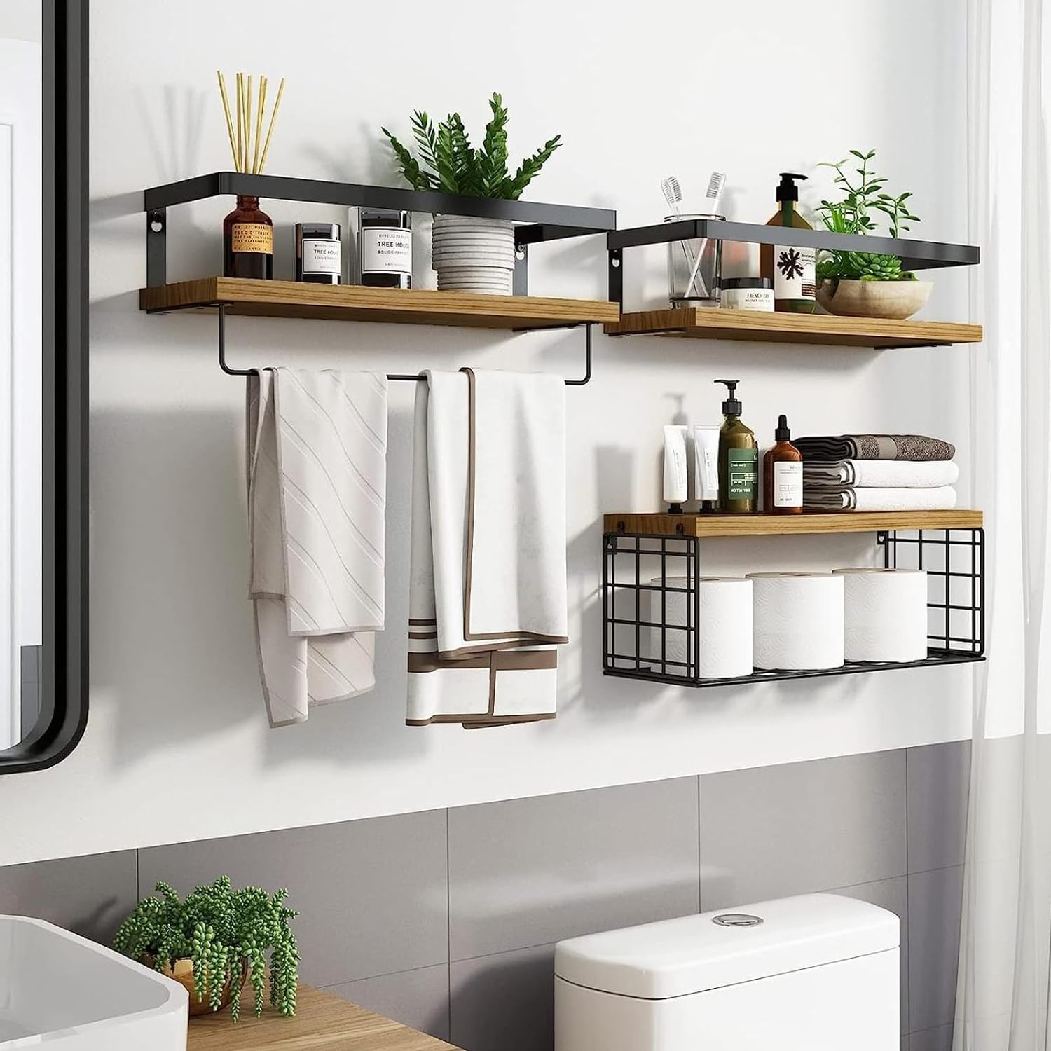 Wooden Wall-Mounted Floating Shelves with Wire Basket Towel Rack for Bathroom Kitchen Bedroom or Living Room Use Home Decor