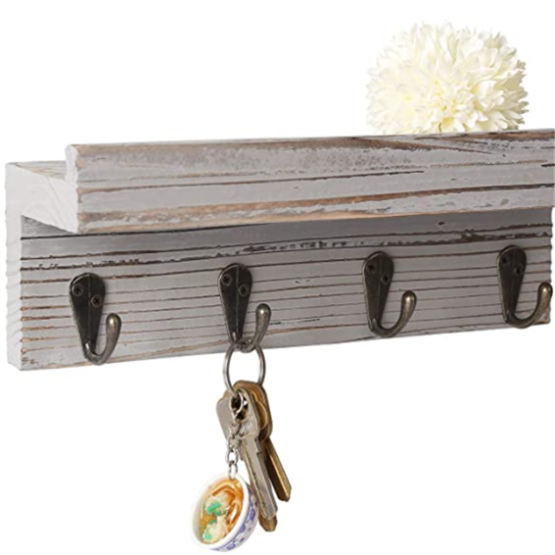 Grey Color Wall Mounted Rustic Wood Entryway Storage Shelf with 4 Metal Hooks Key Holder for Wall with Shelf