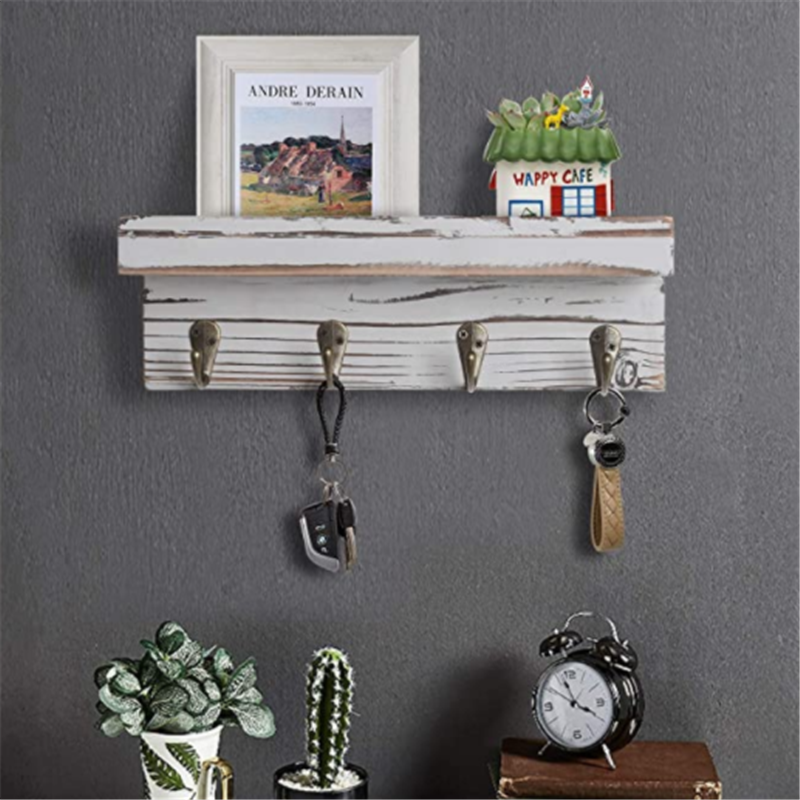 Grey Color Wall Mounted Rustic Wood Entryway Storage Shelf with 4 Metal Hooks Key Holder for Wall with Shelf