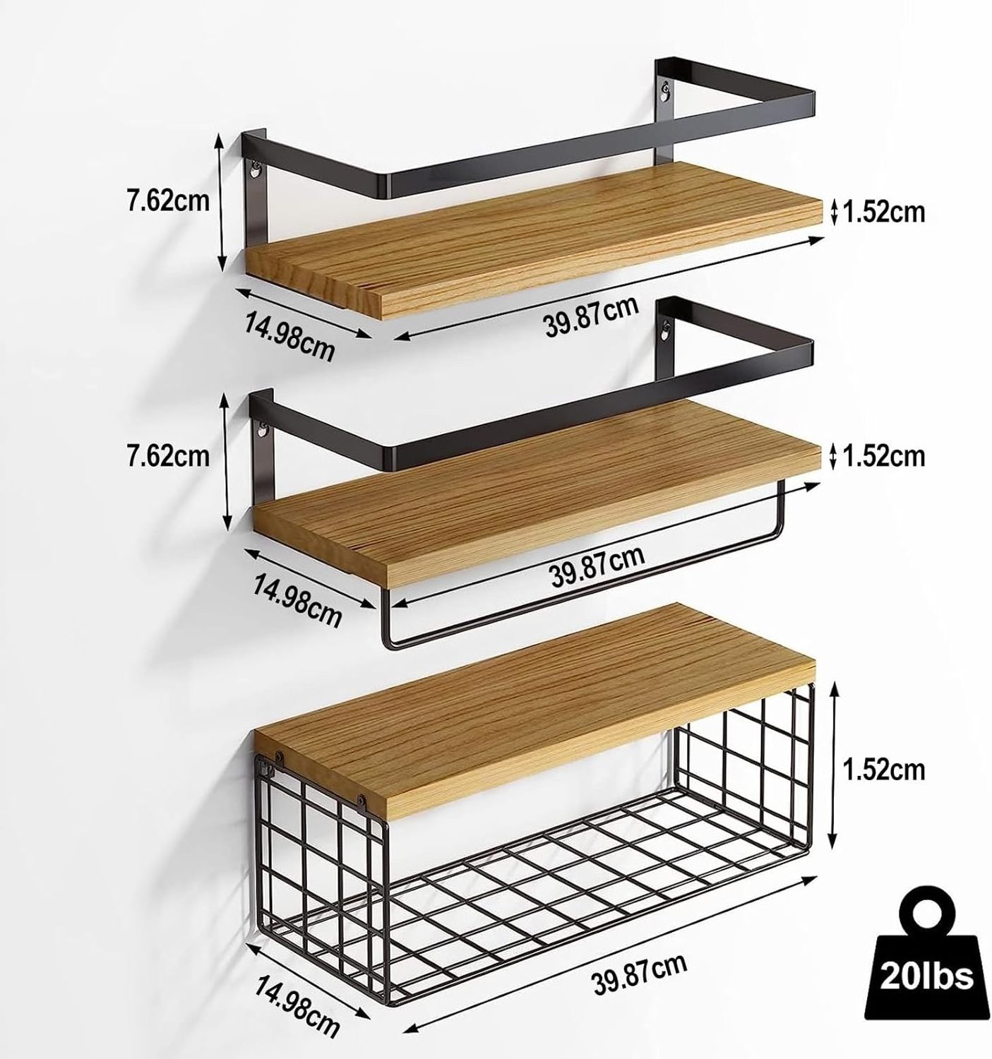 Wooden Wall-Mounted Floating Shelves with Wire Basket Towel Rack for Bathroom Kitchen Bedroom or Living Room Use Home Decor