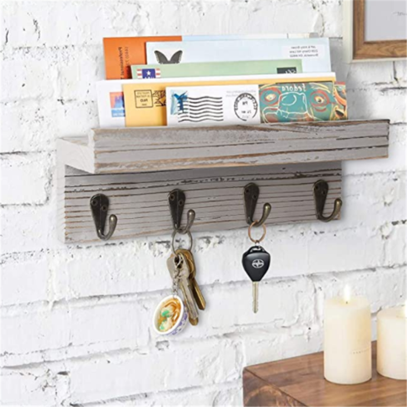 Grey Color Wall Mounted Rustic Wood Entryway Storage Shelf with 4 Metal Hooks Key Holder for Wall with Shelf