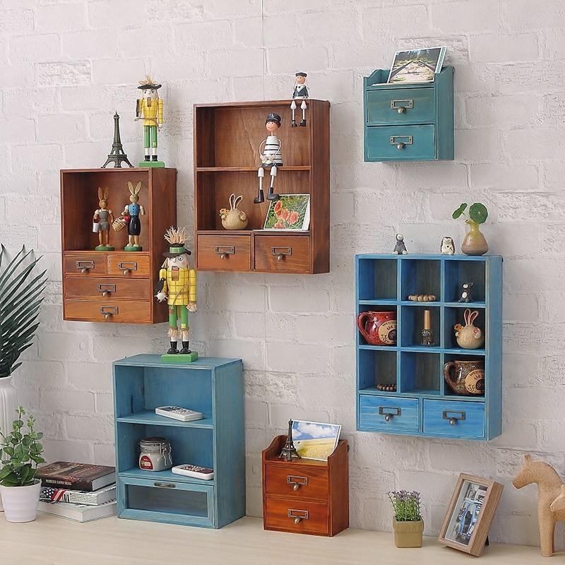 No drilling solid wood hanging  shelf wall cabinet grid storage cabinet drawer wall cabinet small storage