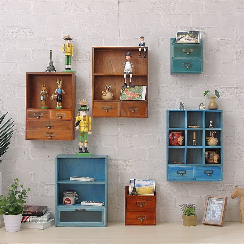 No drilling solid wood hanging  shelf wall cabinet grid storage cabinet drawer wall cabinet small storage