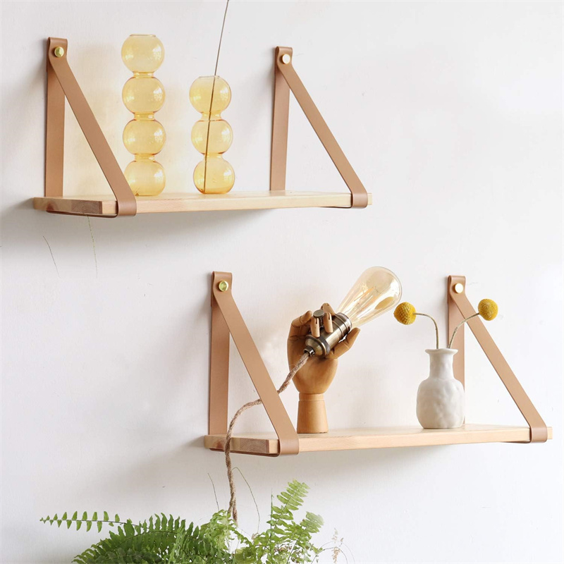 PU Leather Strap Shelves Wooden Wall Floating Shelf Storage Rack for Kitchen Living Room Bedroom