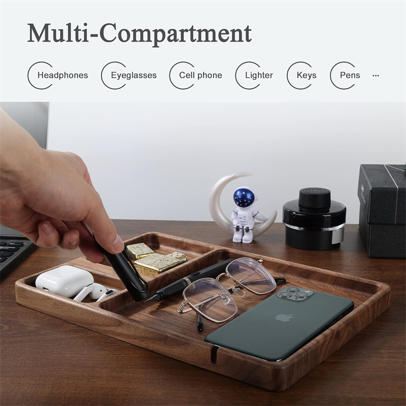 Wooden Valet Tray Nightstand Organizer Tray for Men Women Wooden Serving Tray Black Walnut for Phone Jewelry Watch