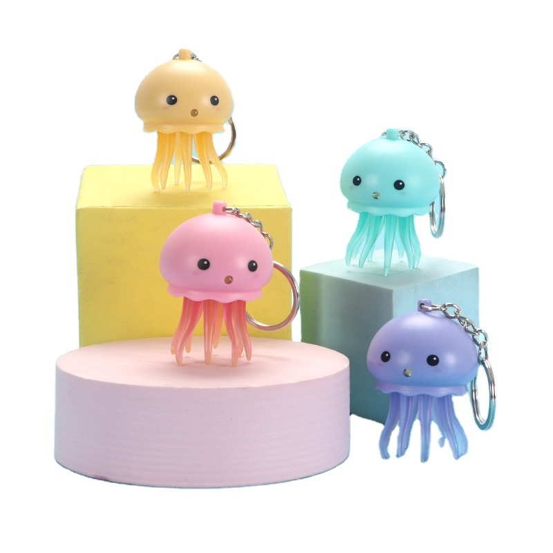 Creative Gift Cartoon Decompression Flashlight Led Electric Jellyfish Key Chain Mini Octopus Keychain With Sound