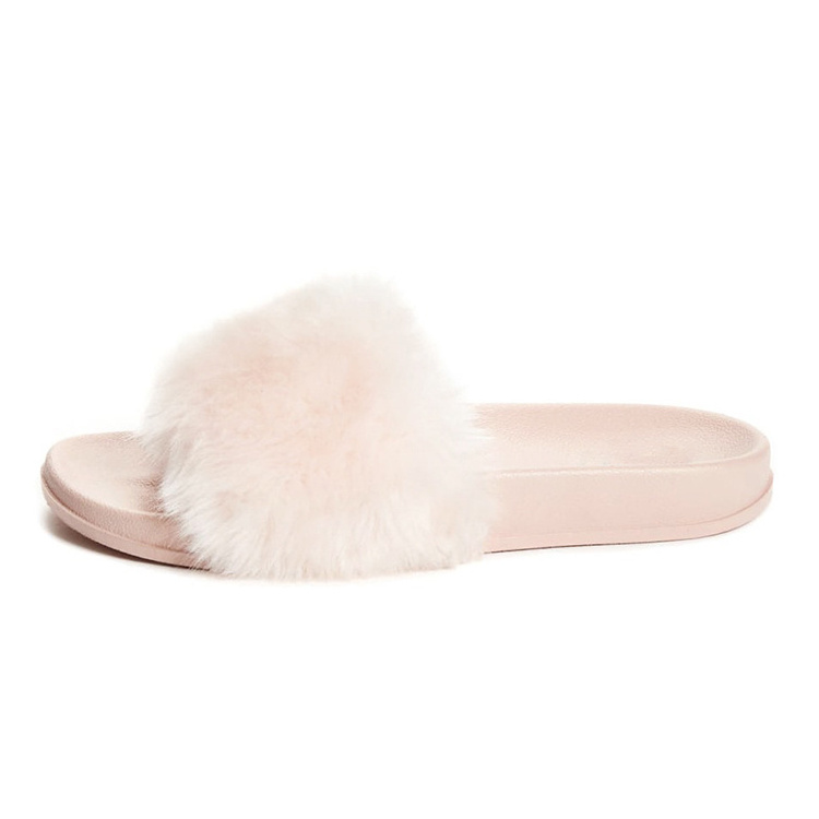 Private Label Open Toe Home Slippers With Pink Fur Strap Extra Big Fluffy PVC Flat Slides Sandals For Women