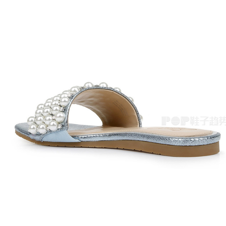 Super Luxury Shiny Leather Upper With Full pearls Flat Rubber Outsole Ladies Sandal Slipper Shoes