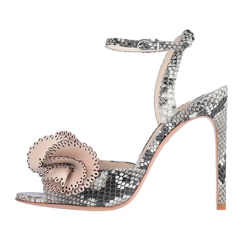 High Quality Sex Snake Skin Upper With Leather Flower Decoration Thin High Heels Woman's Sandals