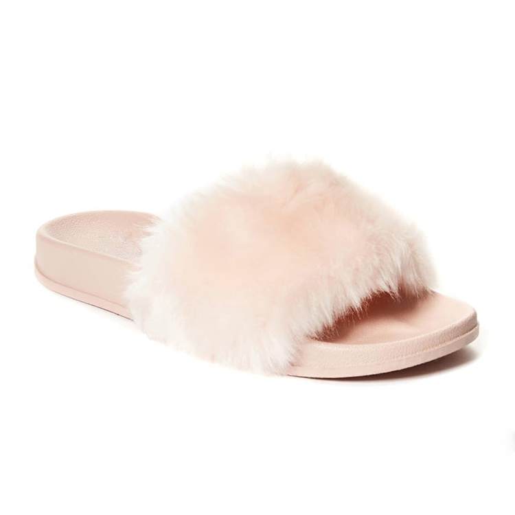 Private Label Open Toe Home Slippers With Pink Fur Strap Extra Big Fluffy PVC Flat Slides Sandals For Women