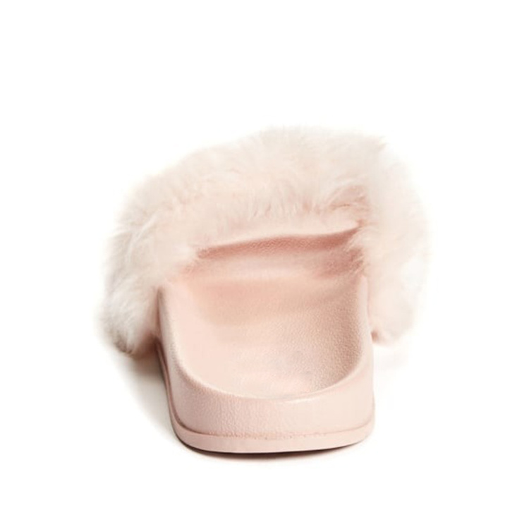 Private Label Open Toe Home Slippers With Pink Fur Strap Extra Big Fluffy PVC Flat Slides Sandals For Women