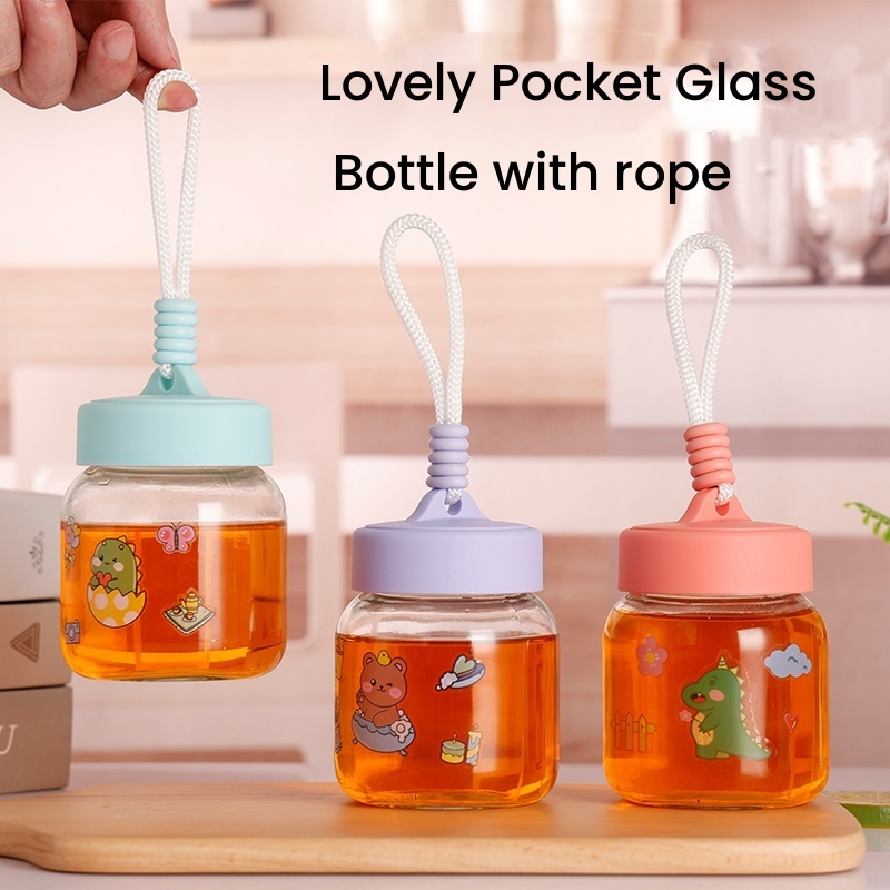 300ml Pangpang cup cute girls portable water bottle Glass Cup cartoon sticker Milk Coffee Mug with carrying rope