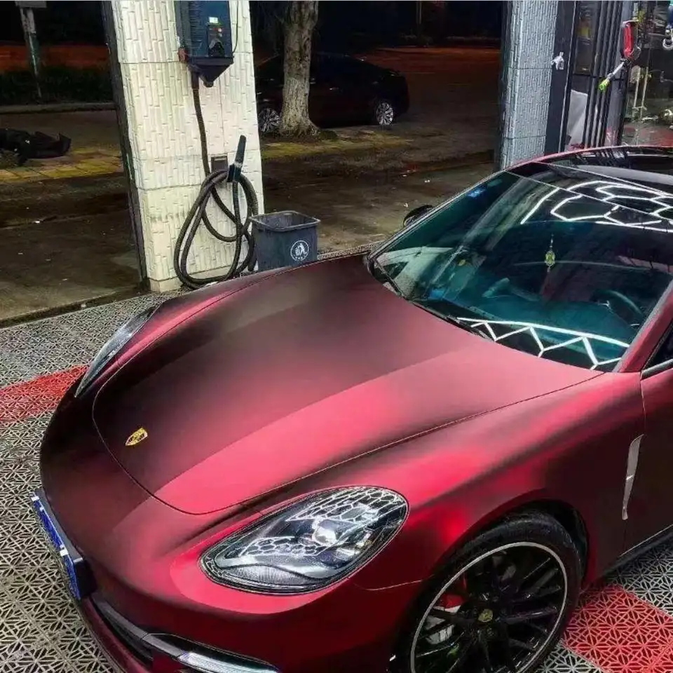 Matte Chrome Romanee Red Vinyl Car Wrap Film Wrapping Stickers Low Tack Initial Glue 1.52*18m