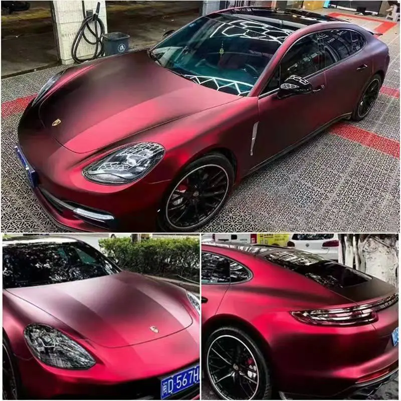 Matte Chrome Romanee Red Vinyl Car Wrap Film Wrapping Stickers Low Tack Initial Glue 1.52*18m