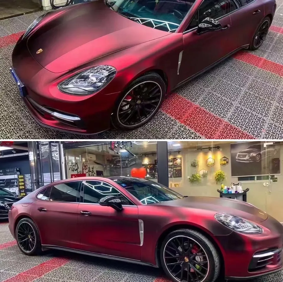 Matte Chrome Romanee Red Vinyl Car Wrap Film Wrapping Stickers Low Tack Initial Glue 1.52*18m