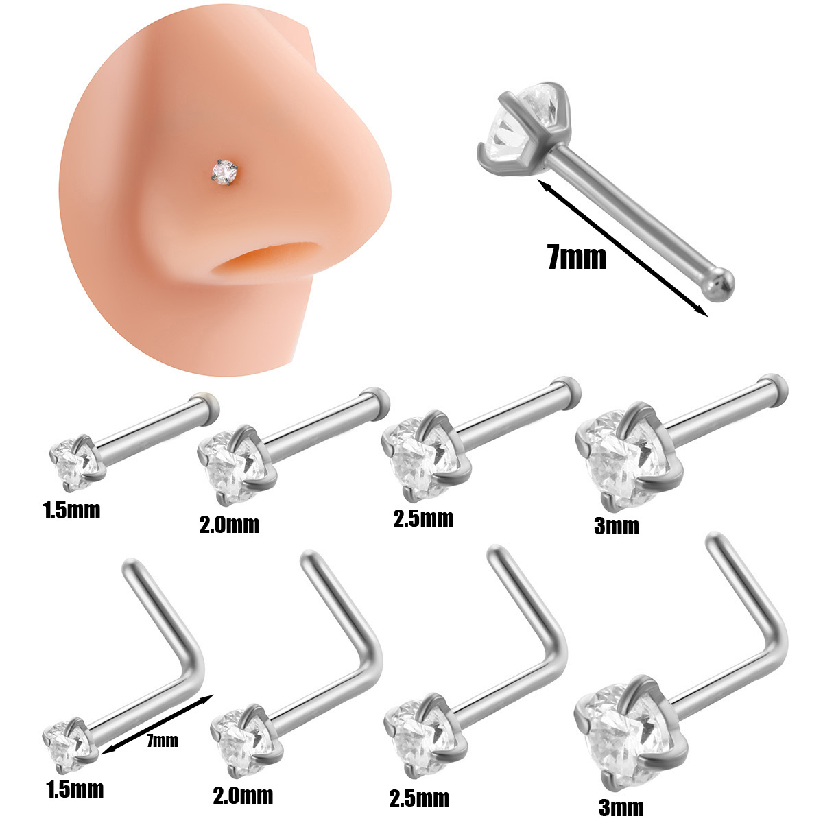 HENGSEN Mix Wholesale 20G Stainless Steel Nose Piercings Jewelry L shape Straight Single Zircon Nose Stud  For Women