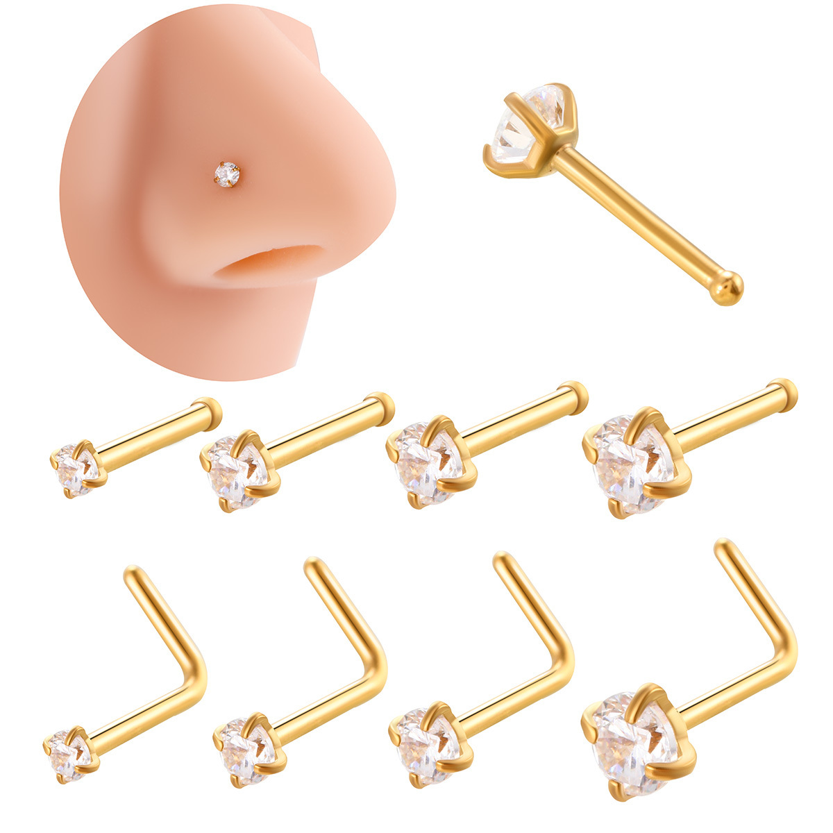 HENGSEN Mix Wholesale 20G Stainless Steel Nose Piercings Jewelry L shape Straight Single Zircon Nose Stud  For Women