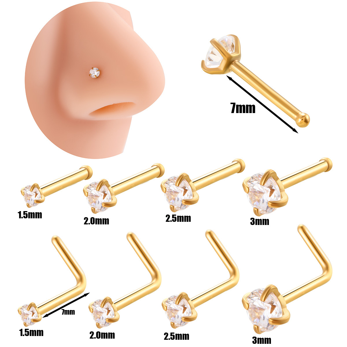 HENGSEN Mix Wholesale 20G Stainless Steel Nose Piercings Jewelry L shape Straight Single Zircon Nose Stud  For Women