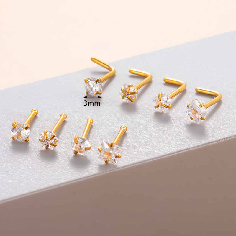 HENGSEN Mix Wholesale 20G Stainless Steel Nose Piercings Jewelry 3mm Round Square Heart Star Zircon Nose Stud  For Women