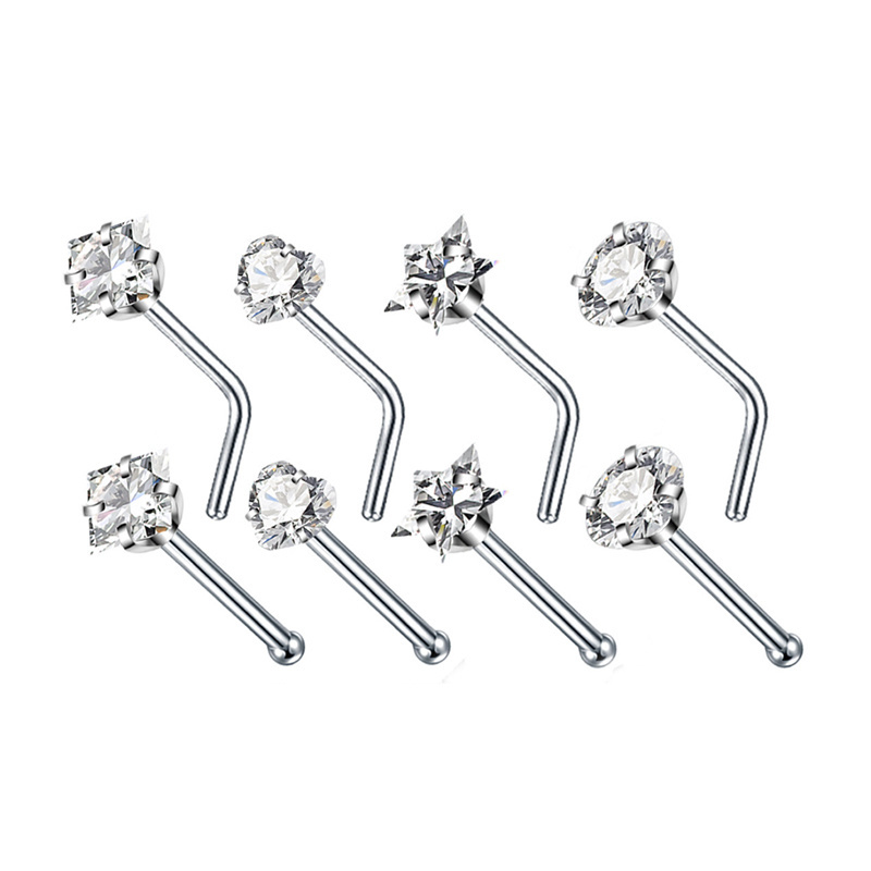 HENGSEN Mix Wholesale 20G Stainless Steel Nose Piercings Jewelry 3mm Round Square Heart Star Zircon Nose Stud  For Women