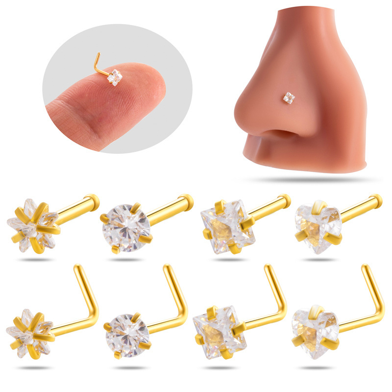 HENGSEN Mix Wholesale 20G Stainless Steel Nose Piercings Jewelry 3mm Round Square Heart Star Zircon Nose Stud  For Women