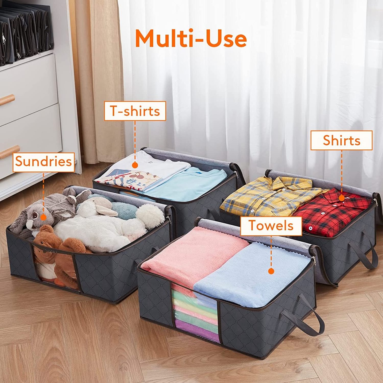 Clothes Storage Bag Foldable Bin Closet Organizer with Reinforced Handle Sturdy Fabric Clear Window for Sweaters Coats T-shirts